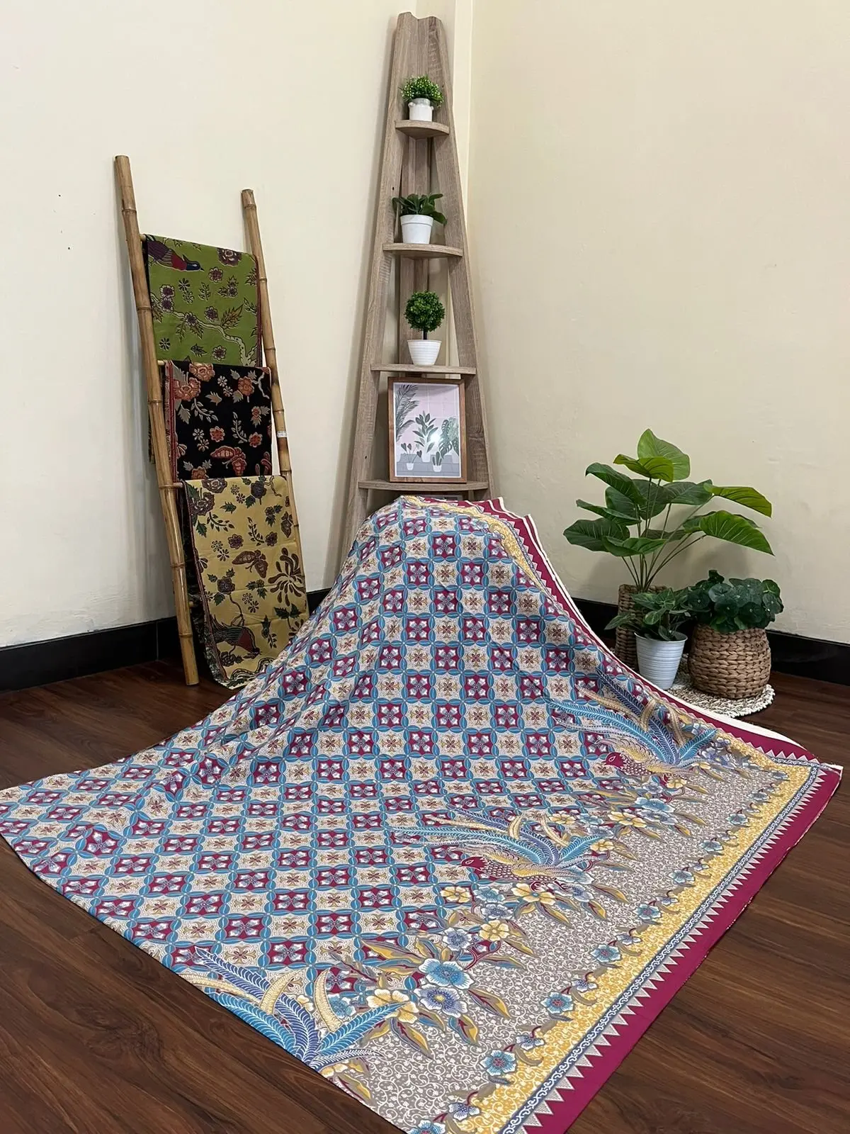 Blue and brown patterned batik textiles displayed in the BAF catalogue